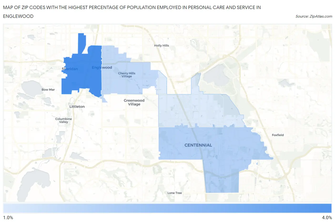 Zip Codes with the Highest Percentage of Population Employed in Personal Care and Service in Englewood Map