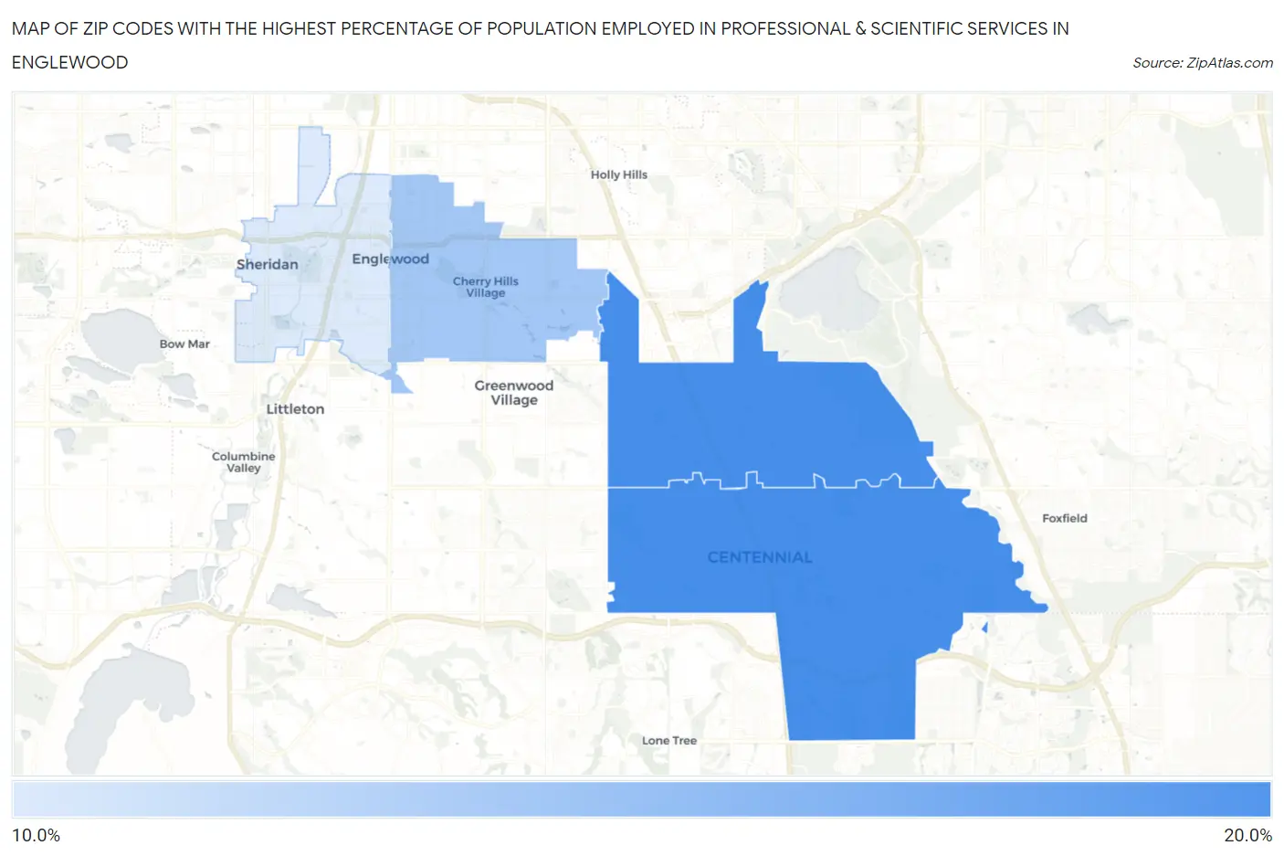 Zip Codes with the Highest Percentage of Population Employed in Professional & Scientific Services in Englewood Map