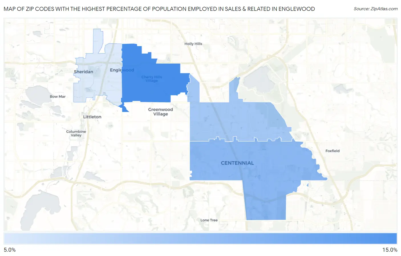 Zip Codes with the Highest Percentage of Population Employed in Sales & Related in Englewood Map