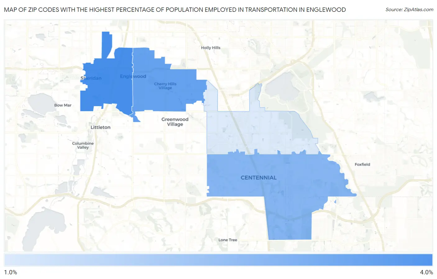 Zip Codes with the Highest Percentage of Population Employed in Transportation in Englewood Map