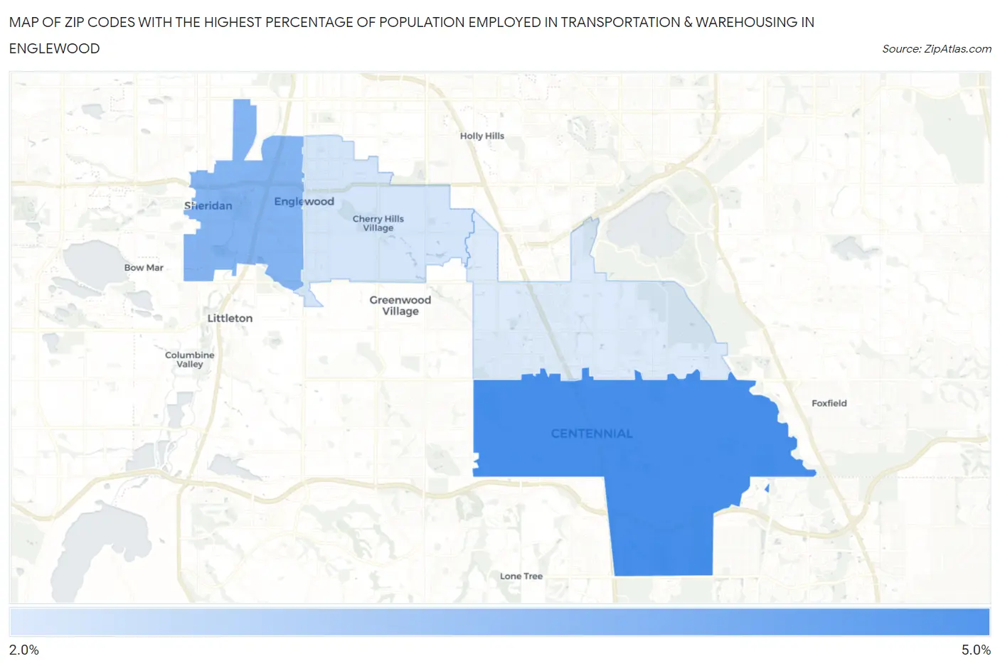 Zip Codes with the Highest Percentage of Population Employed in Transportation & Warehousing in Englewood Map
