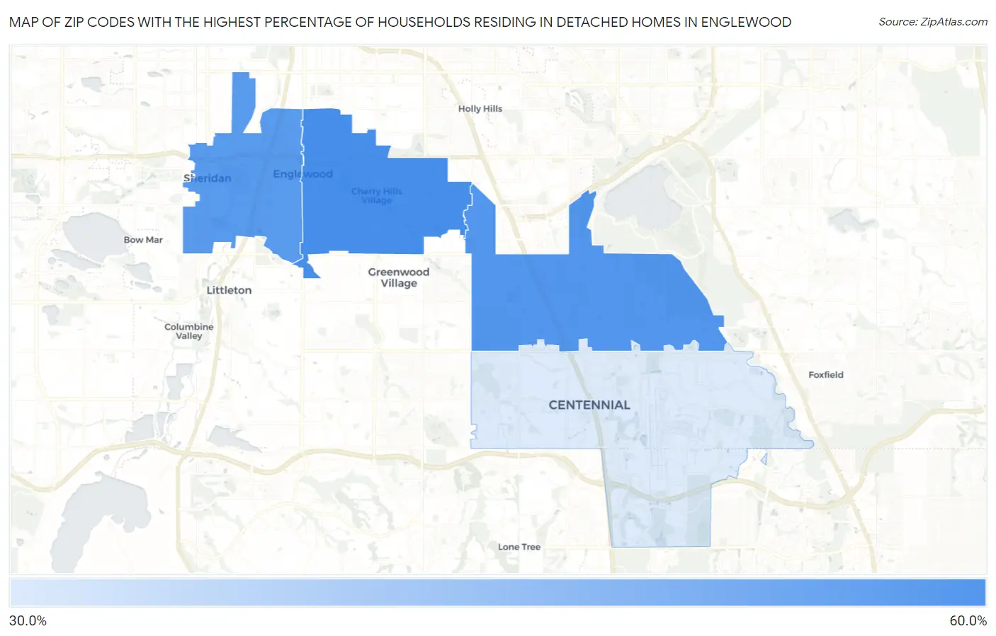 Zip Codes with the Highest Percentage of Households Residing in Detached Homes in Englewood Map