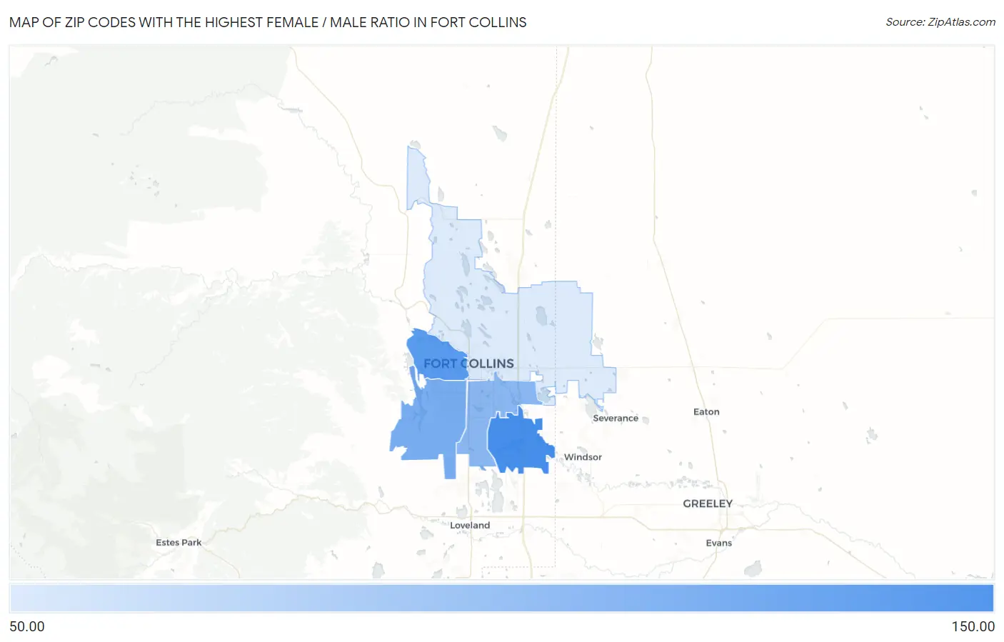 Zip Codes with the Highest Female / Male Ratio in Fort Collins Map