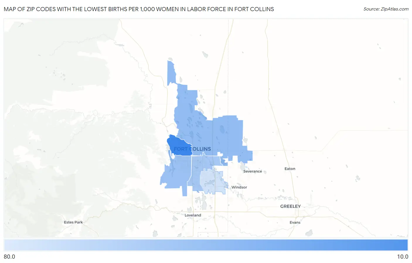 Zip Codes with the Lowest Births per 1,000 Women in Labor Force in Fort Collins Map