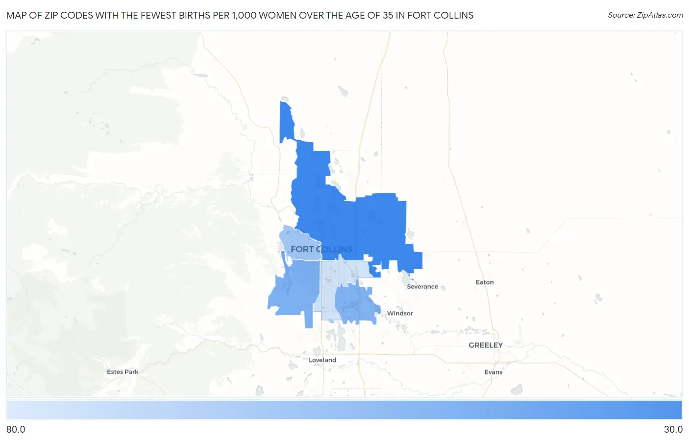 Zip Codes with the Fewest Births per 1,000 Women Over the Age of 35 in Fort Collins Map