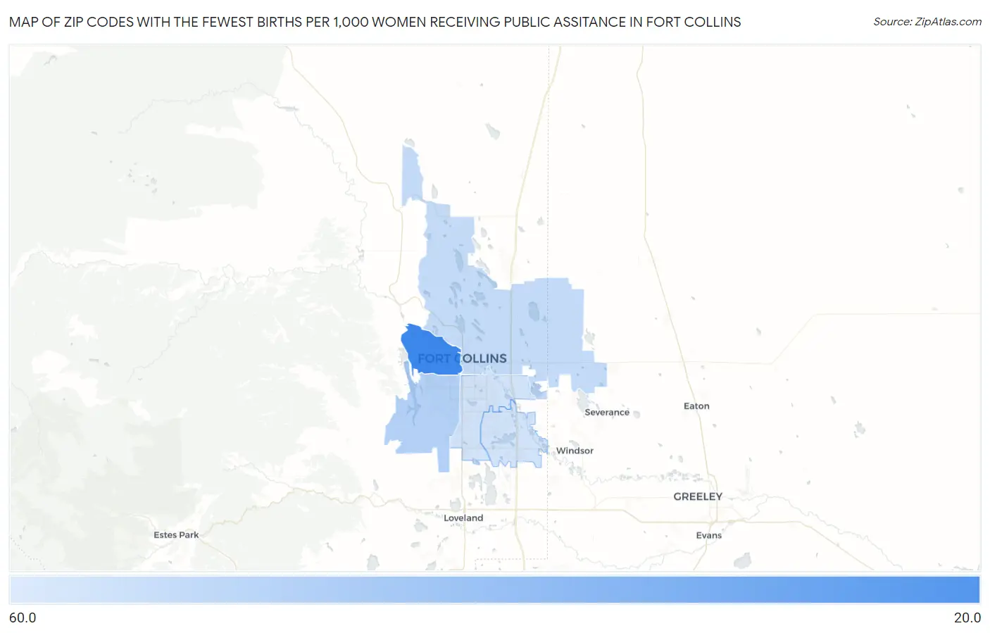 Zip Codes with the Fewest Births per 1,000 Women Receiving Public Assitance in Fort Collins Map