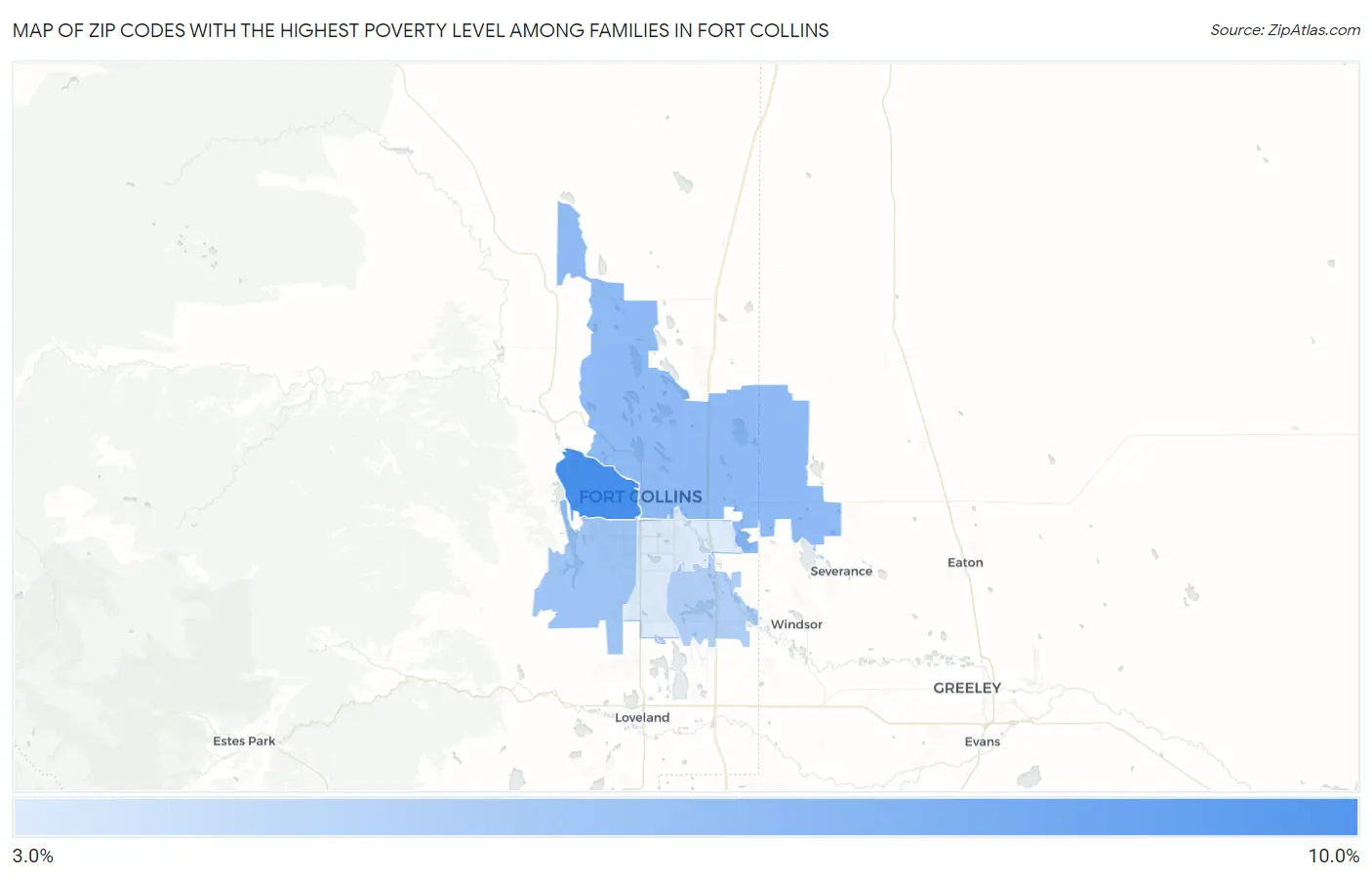 Zip Codes with the Highest Poverty Level Among Families in Fort Collins Map