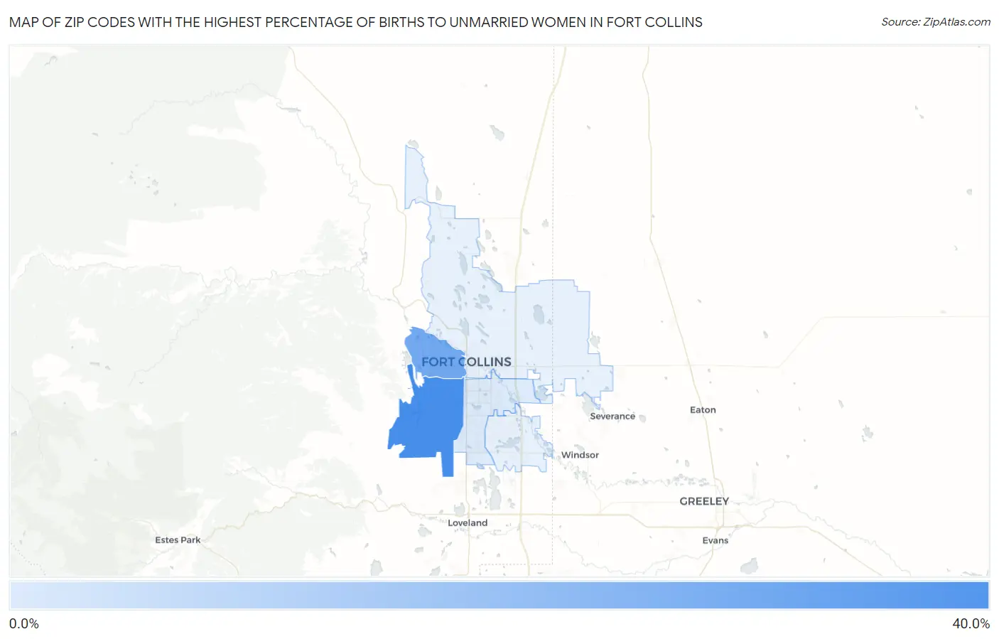 Zip Codes with the Highest Percentage of Births to Unmarried Women in Fort Collins Map