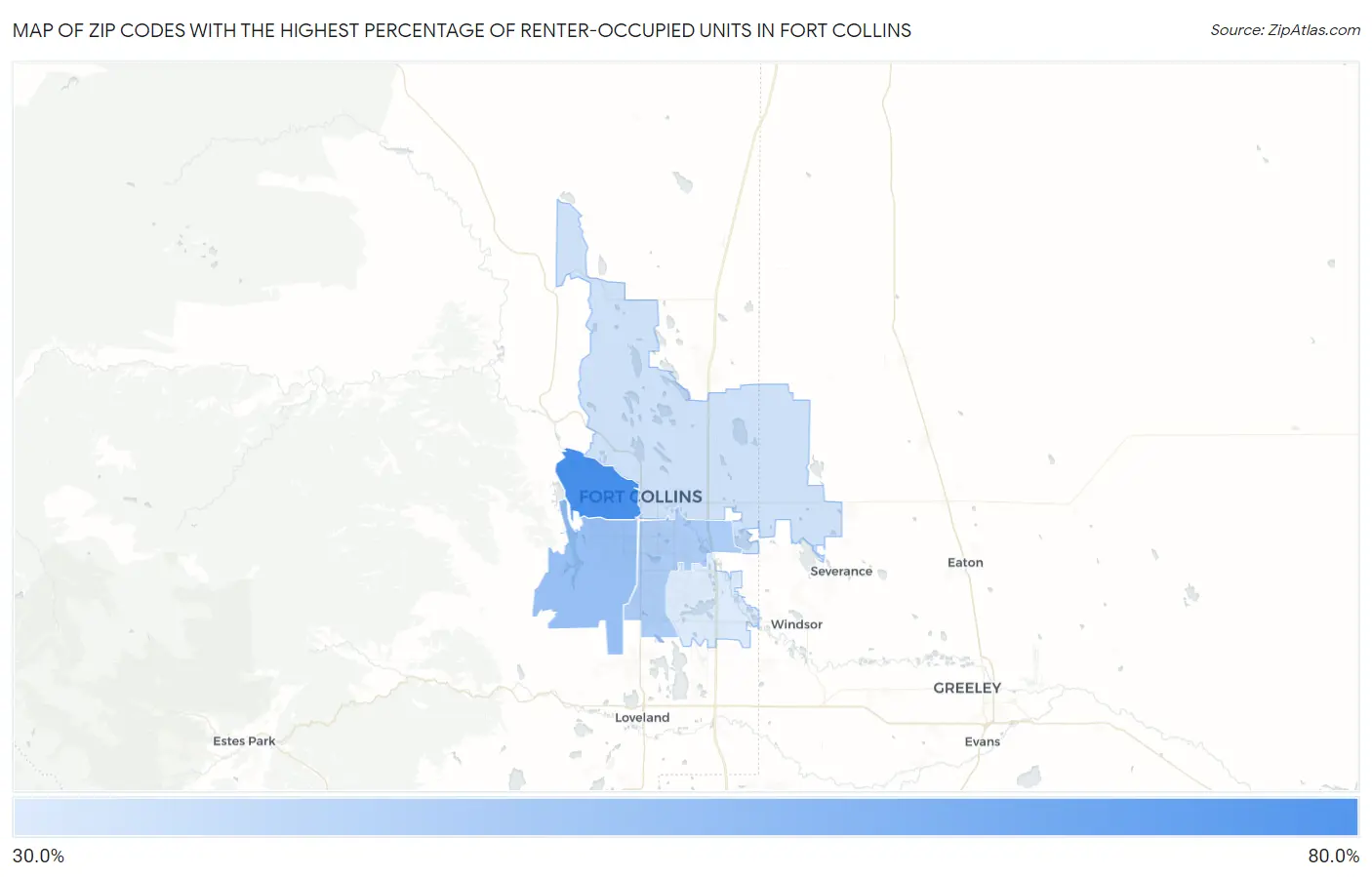 Zip Codes with the Highest Percentage of Renter-Occupied Units in Fort Collins Map