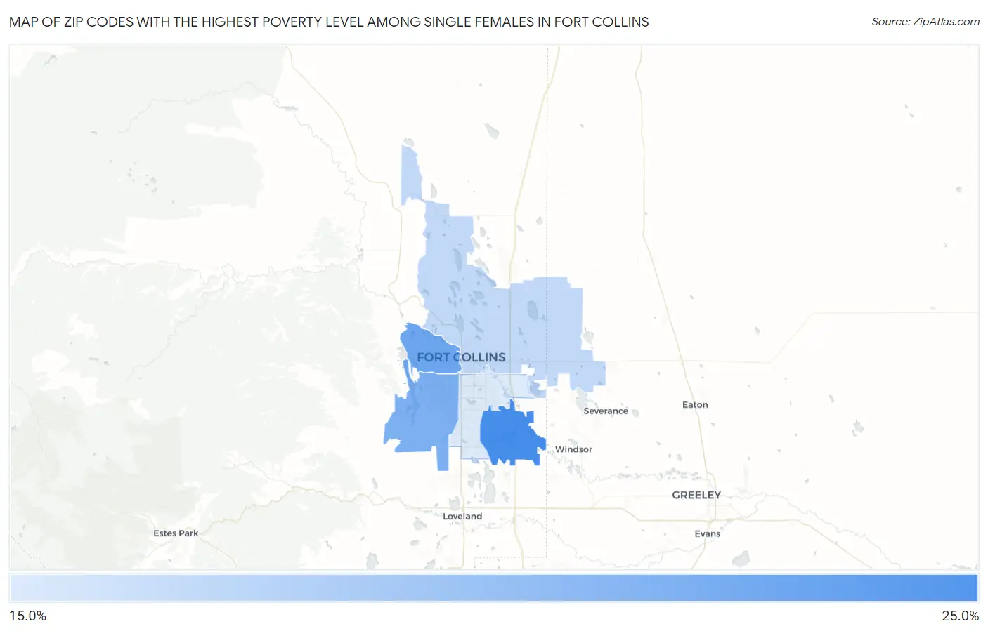 Zip Codes with the Highest Poverty Level Among Single Females in Fort Collins Map