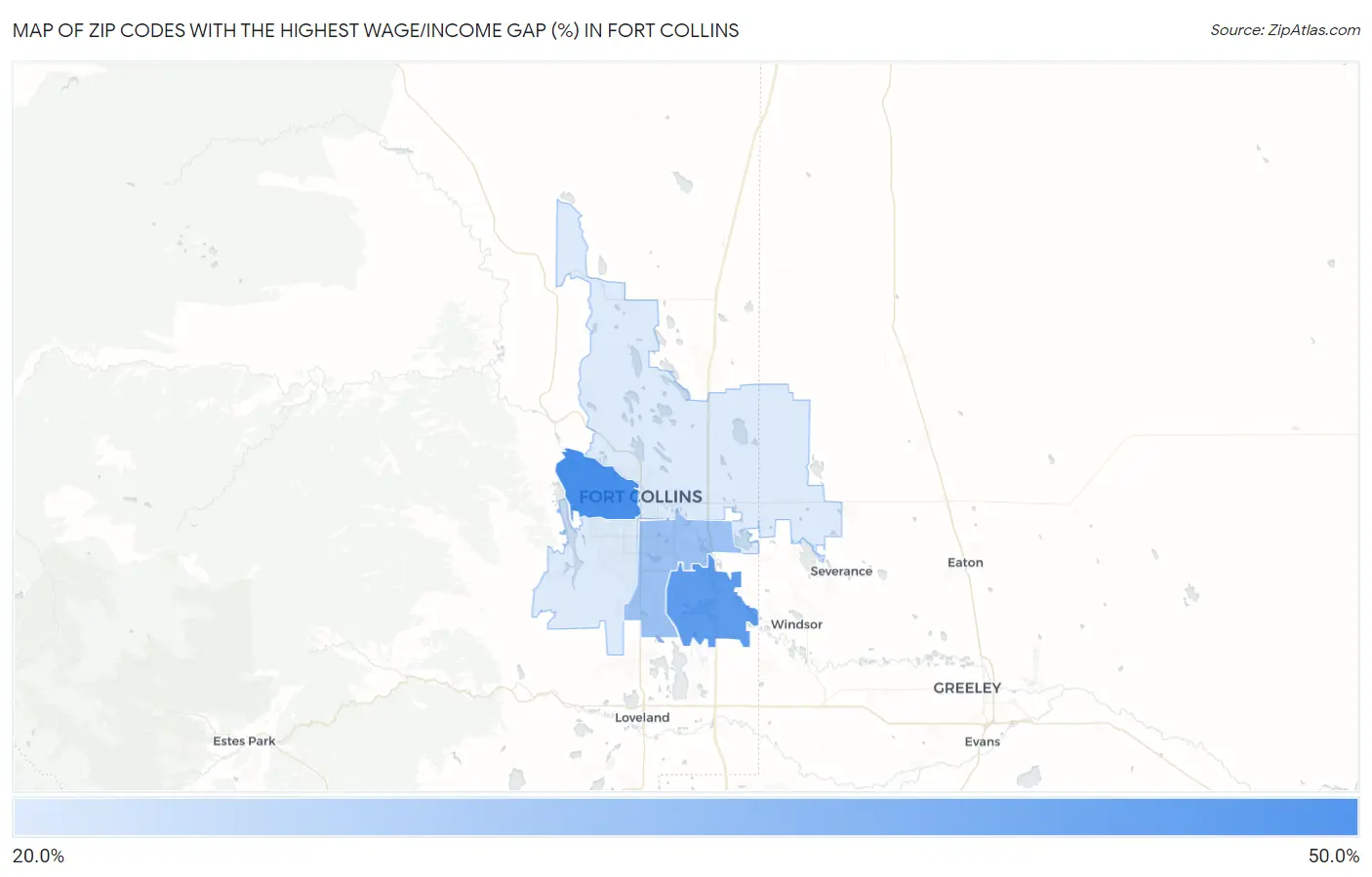 Zip Codes with the Highest Wage/Income Gap (%) in Fort Collins Map