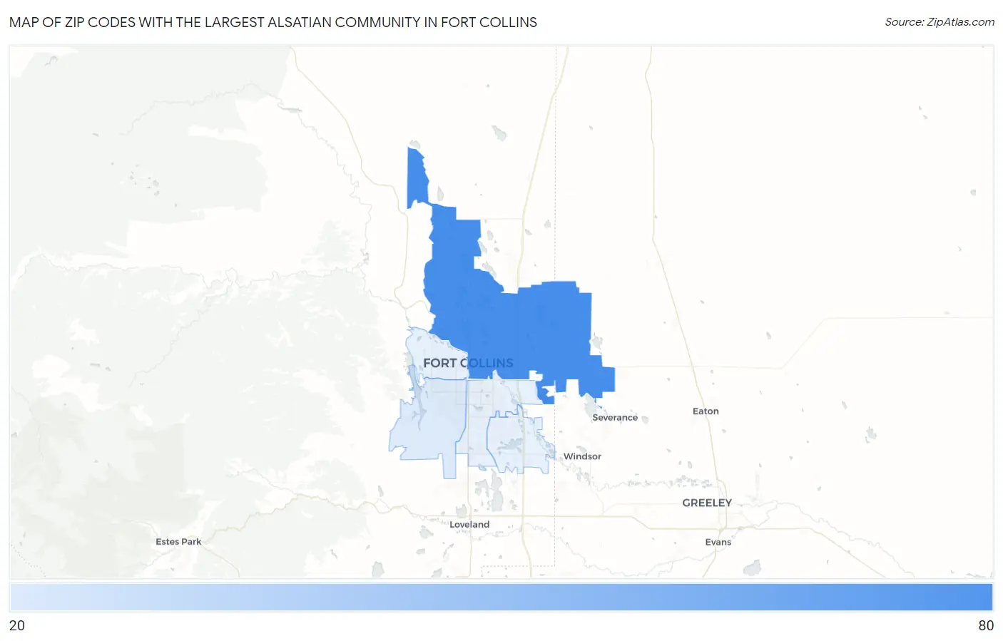 Zip Codes with the Largest Alsatian Community in Fort Collins Map