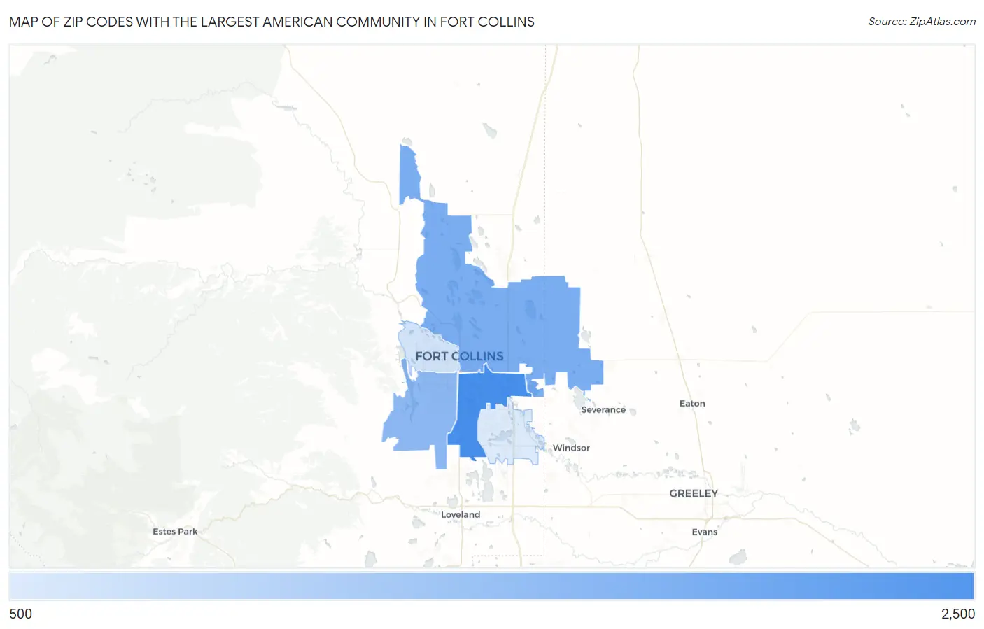 Zip Codes with the Largest American Community in Fort Collins Map