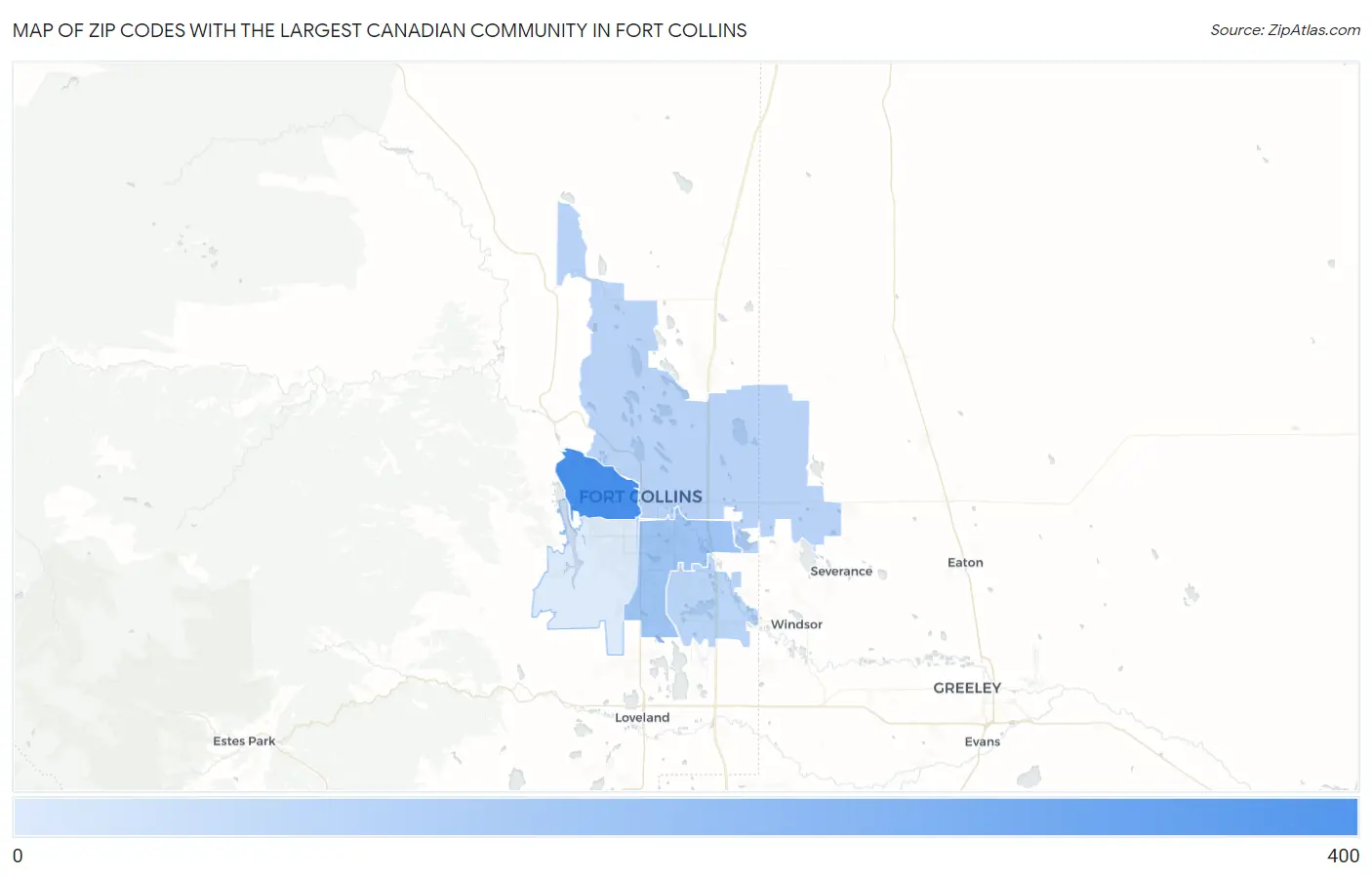 Zip Codes with the Largest Canadian Community in Fort Collins Map