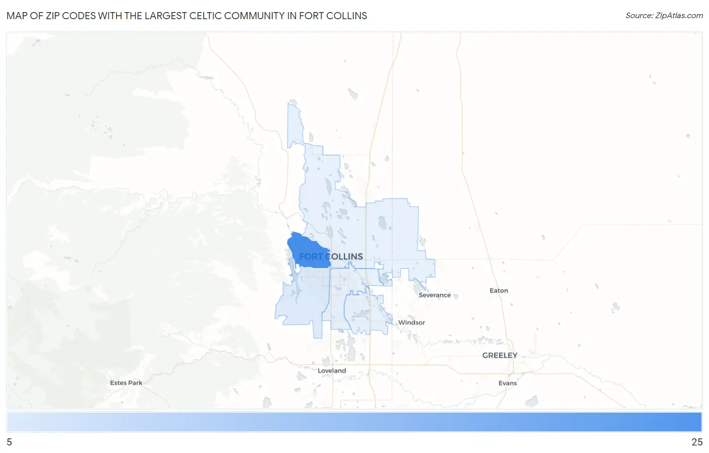 Zip Codes with the Largest Celtic Community in Fort Collins Map