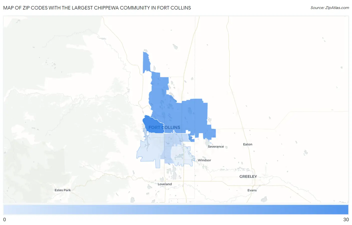 Zip Codes with the Largest Chippewa Community in Fort Collins Map