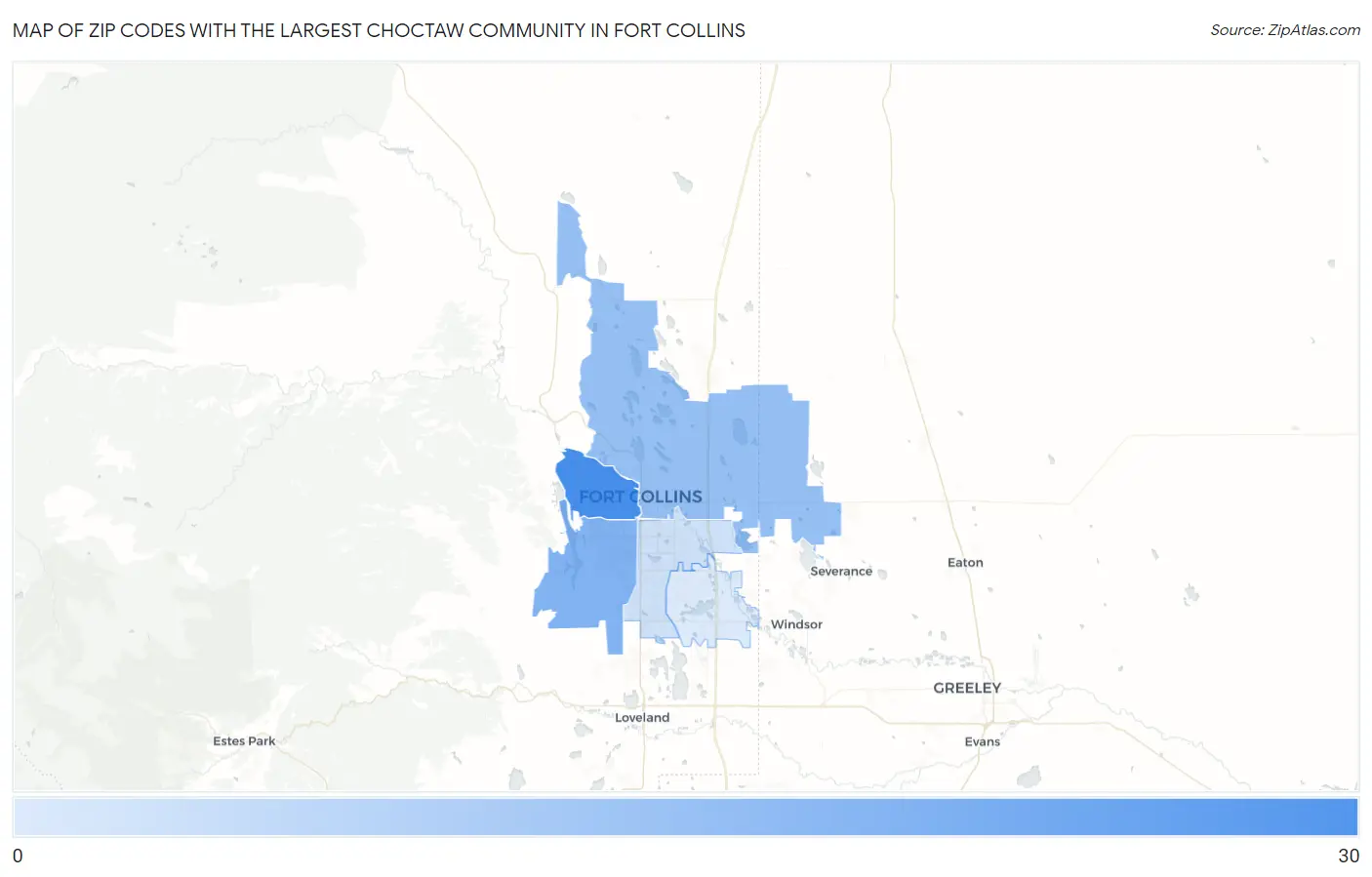 Zip Codes with the Largest Choctaw Community in Fort Collins Map