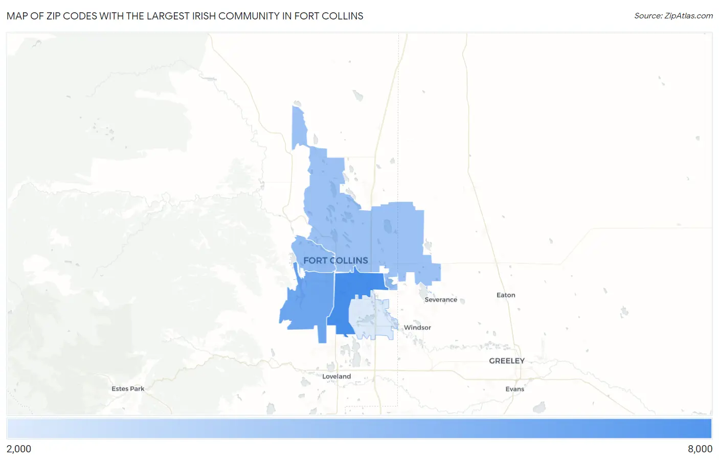 Zip Codes with the Largest Irish Community in Fort Collins Map