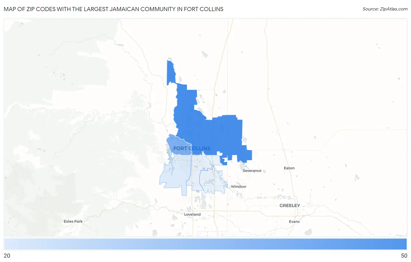 Zip Codes with the Largest Jamaican Community in Fort Collins Map