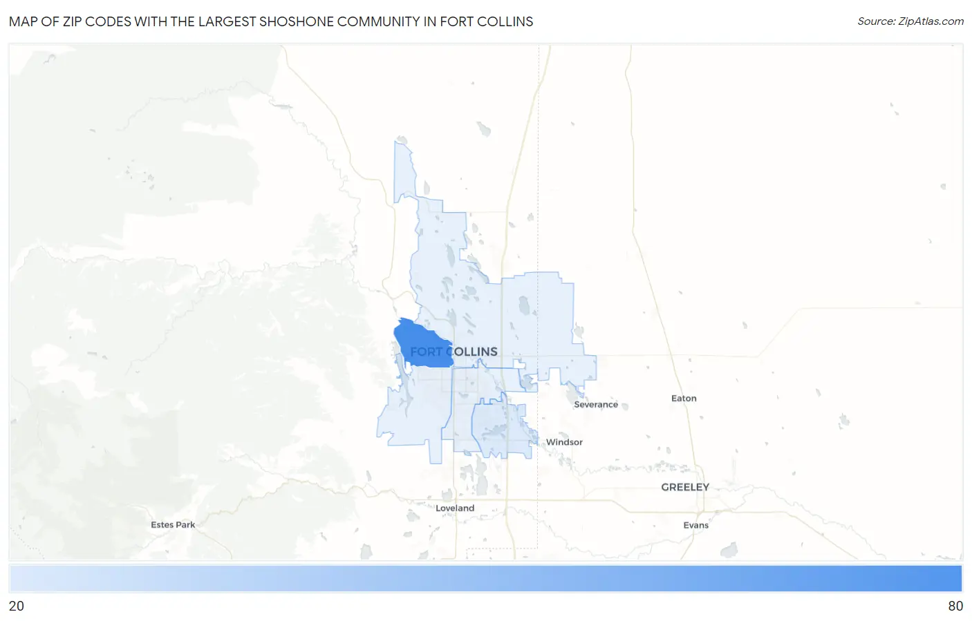 Zip Codes with the Largest Shoshone Community in Fort Collins Map