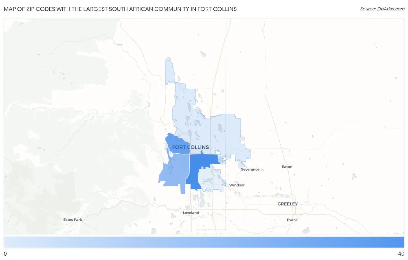 Zip Codes with the Largest South African Community in Fort Collins Map