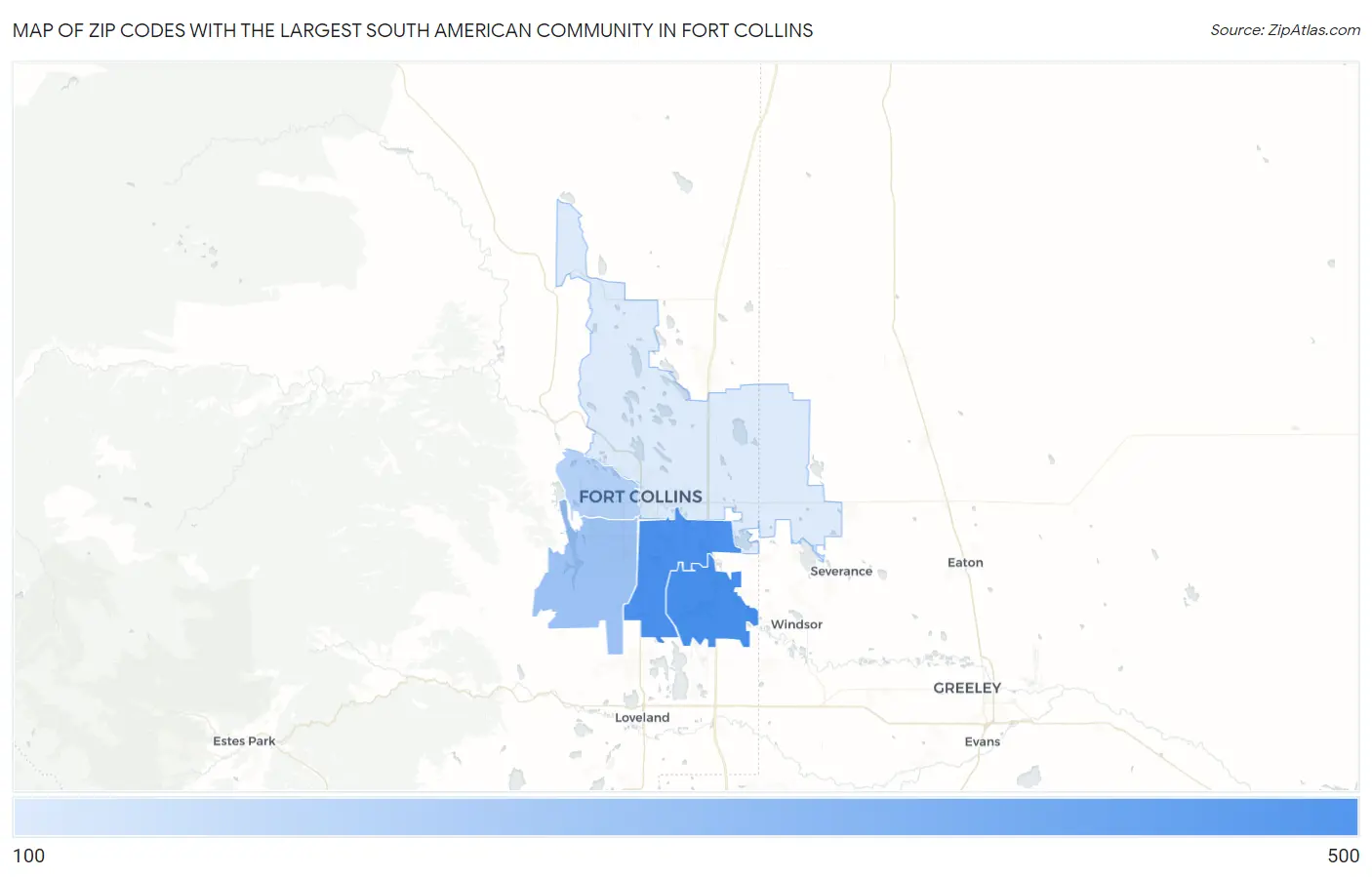 Zip Codes with the Largest South American Community in Fort Collins Map