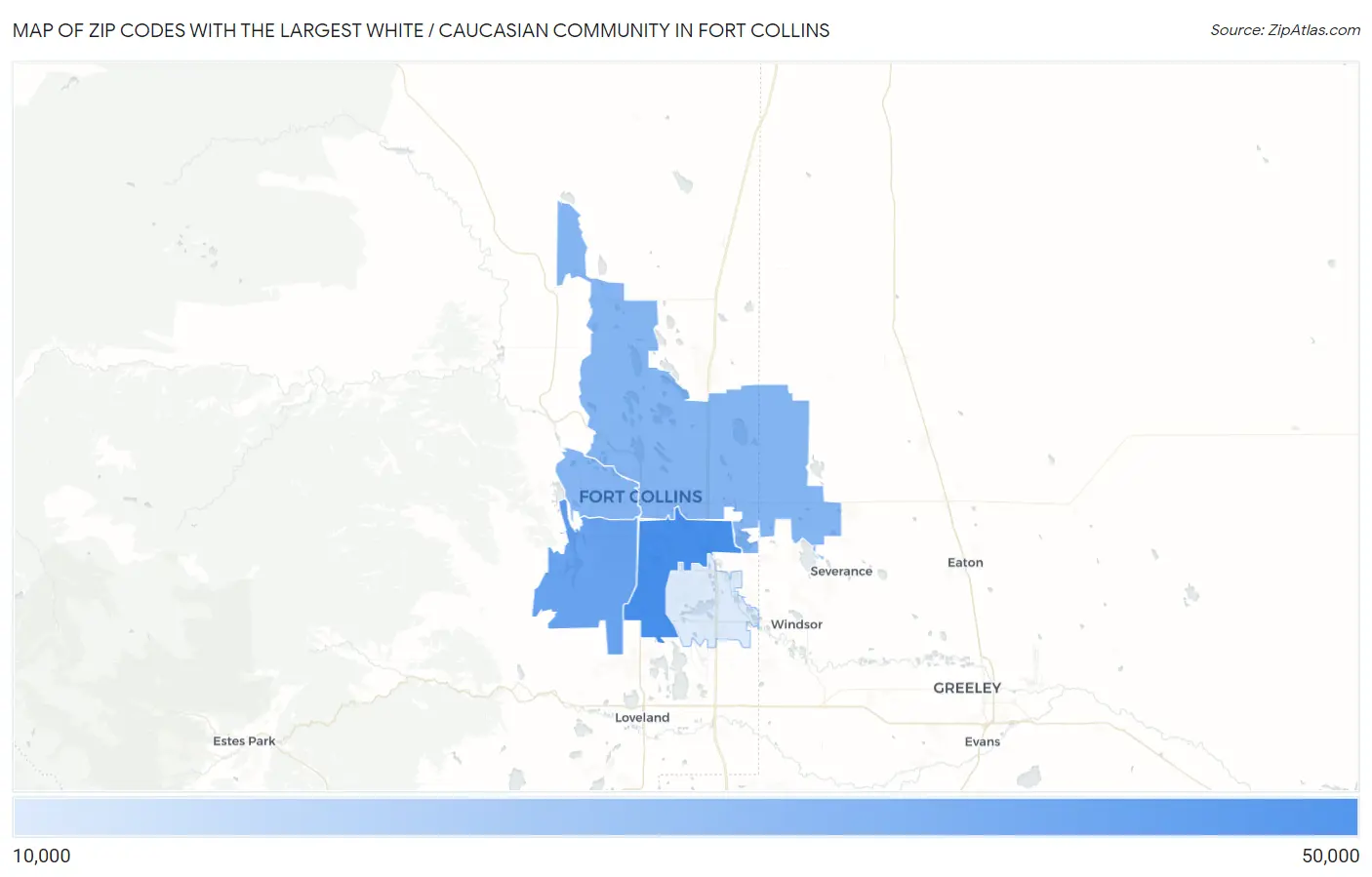 Zip Codes with the Largest White / Caucasian Community in Fort Collins Map