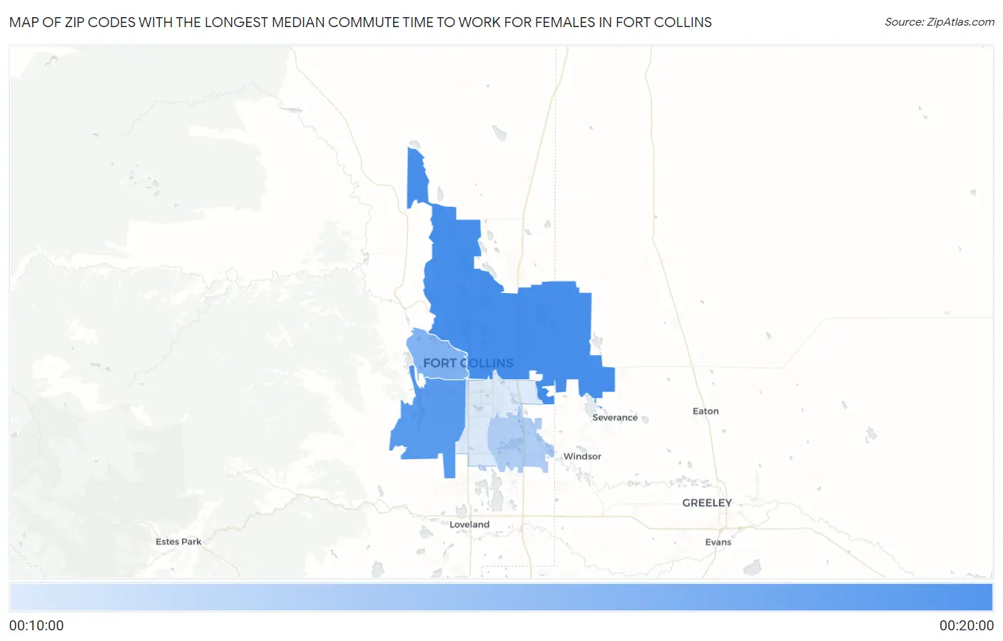 Zip Codes with the Longest Median Commute Time to Work for Females in Fort Collins Map
