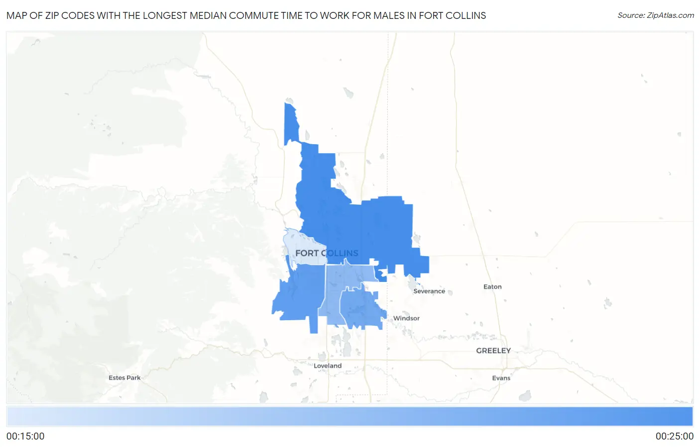Zip Codes with the Longest Median Commute Time to Work for Males in Fort Collins Map