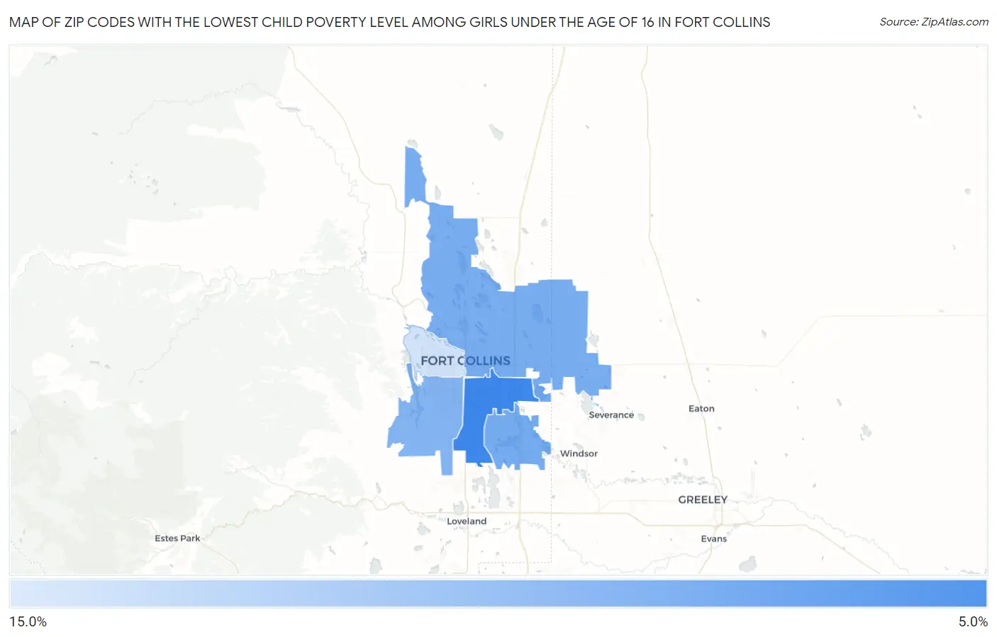 Zip Codes with the Lowest Child Poverty Level Among Girls Under the Age of 16 in Fort Collins Map