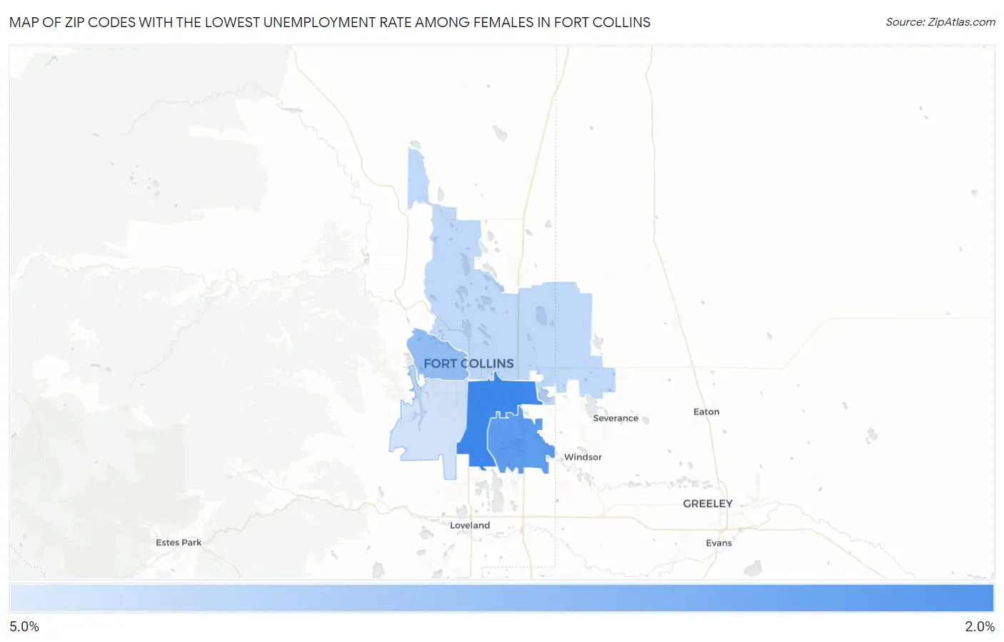 Zip Codes with the Lowest Unemployment Rate Among Females in Fort Collins Map