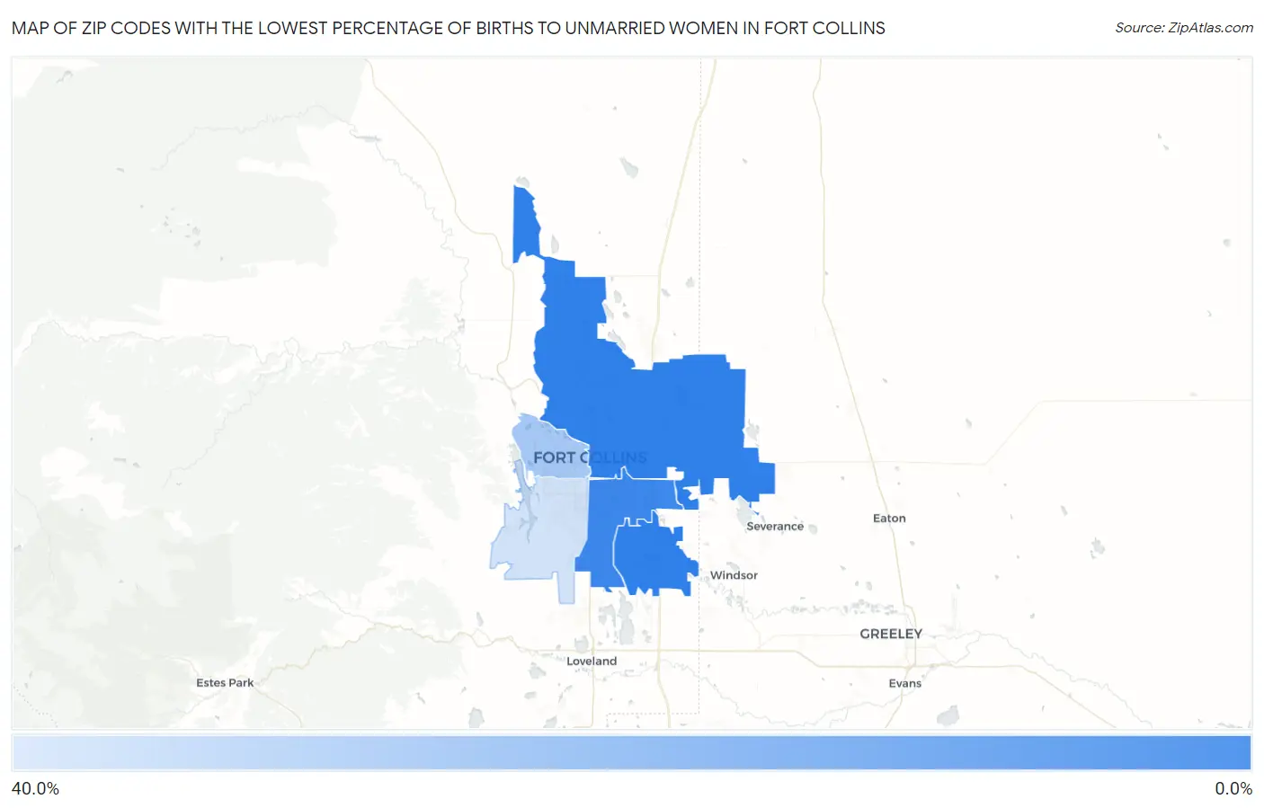 Zip Codes with the Lowest Percentage of Births to Unmarried Women in Fort Collins Map