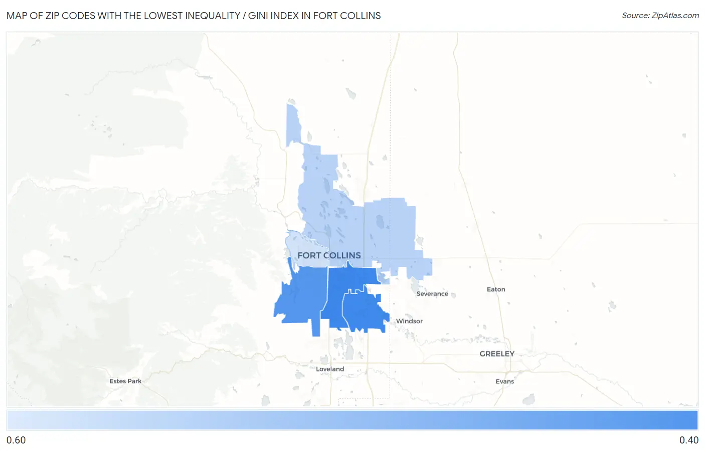 Zip Codes with the Lowest Inequality / Gini Index in Fort Collins Map