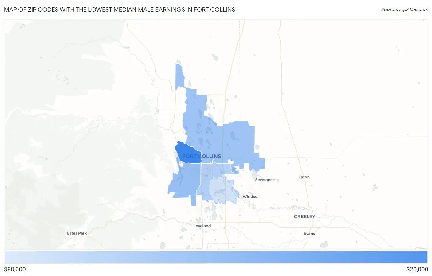 Zip Codes with the Lowest Median Male Earnings in Fort Collins Map