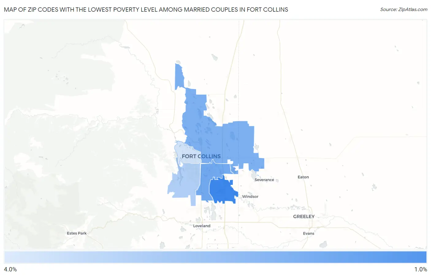 Zip Codes with the Lowest Poverty Level Among Married Couples in Fort Collins Map