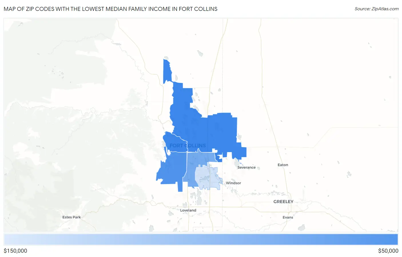 Zip Codes with the Lowest Median Family Income in Fort Collins Map
