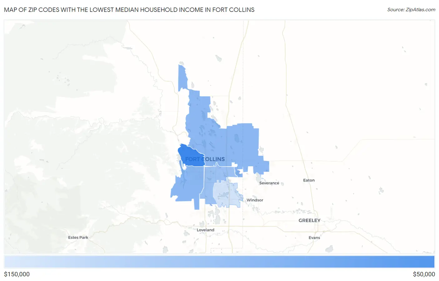 Zip Codes with the Lowest Median Household Income in Fort Collins Map