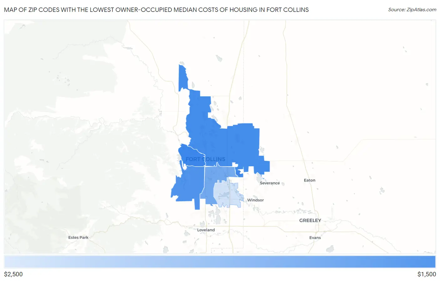 Zip Codes with the Lowest Owner-Occupied Median Costs of Housing in Fort Collins Map