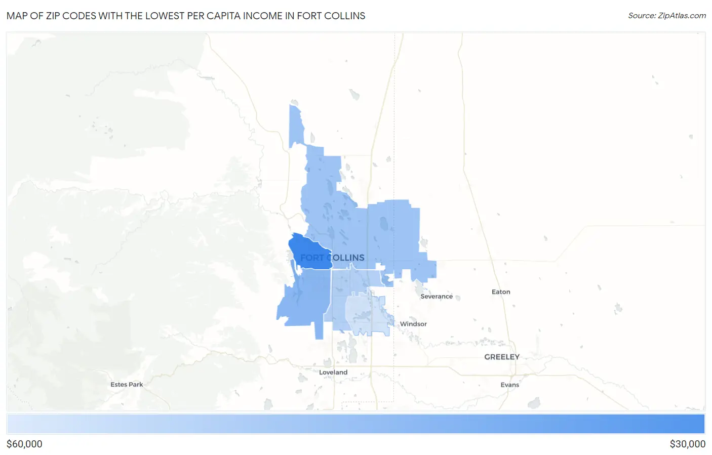 Zip Codes with the Lowest Per Capita Income in Fort Collins Map
