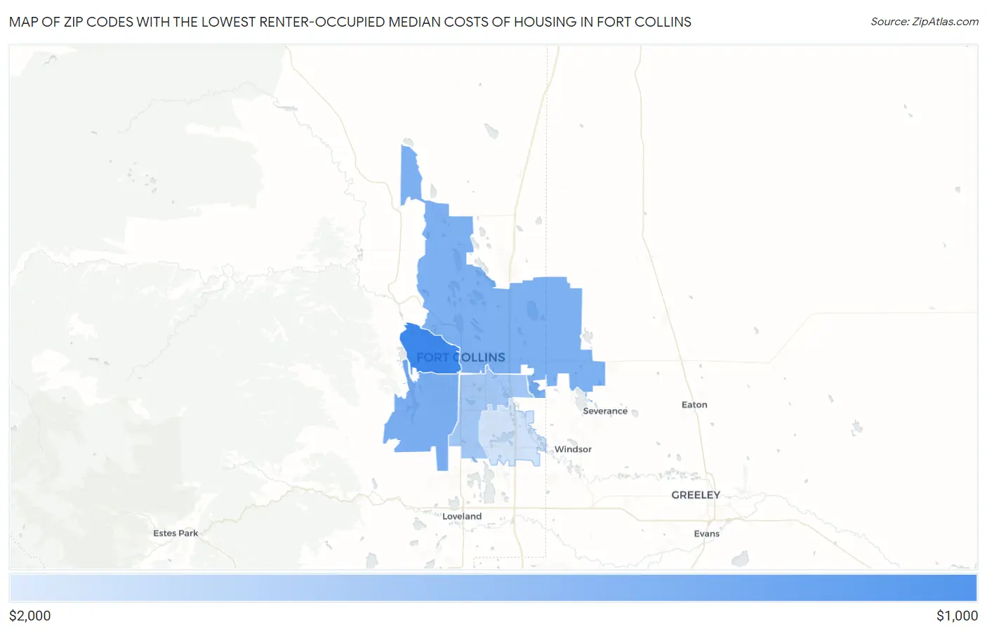Zip Codes with the Lowest Renter-Occupied Median Costs of Housing in Fort Collins Map