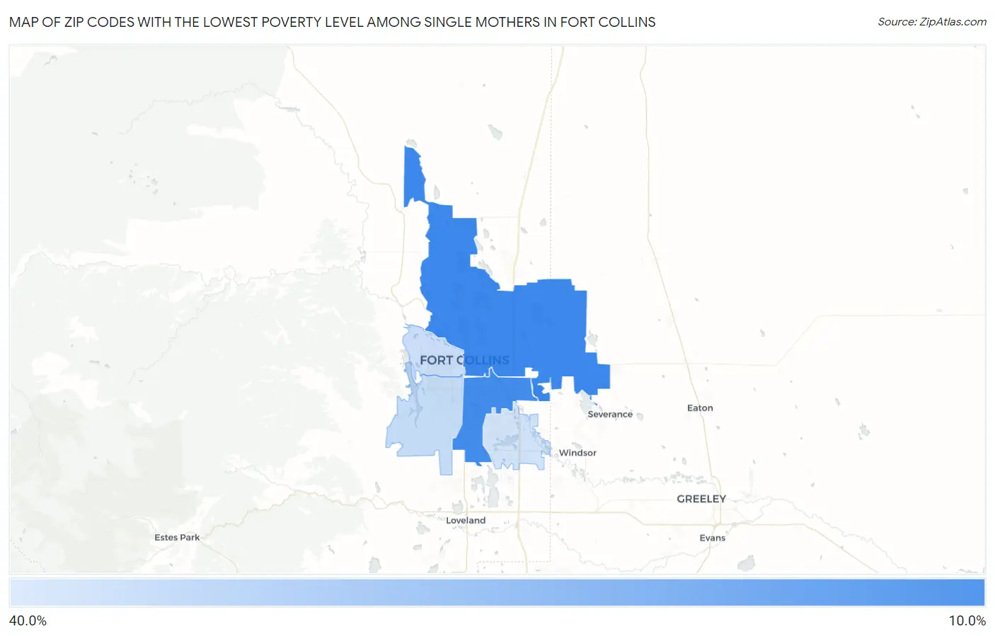 Zip Codes with the Lowest Poverty Level Among Single Mothers in Fort Collins Map
