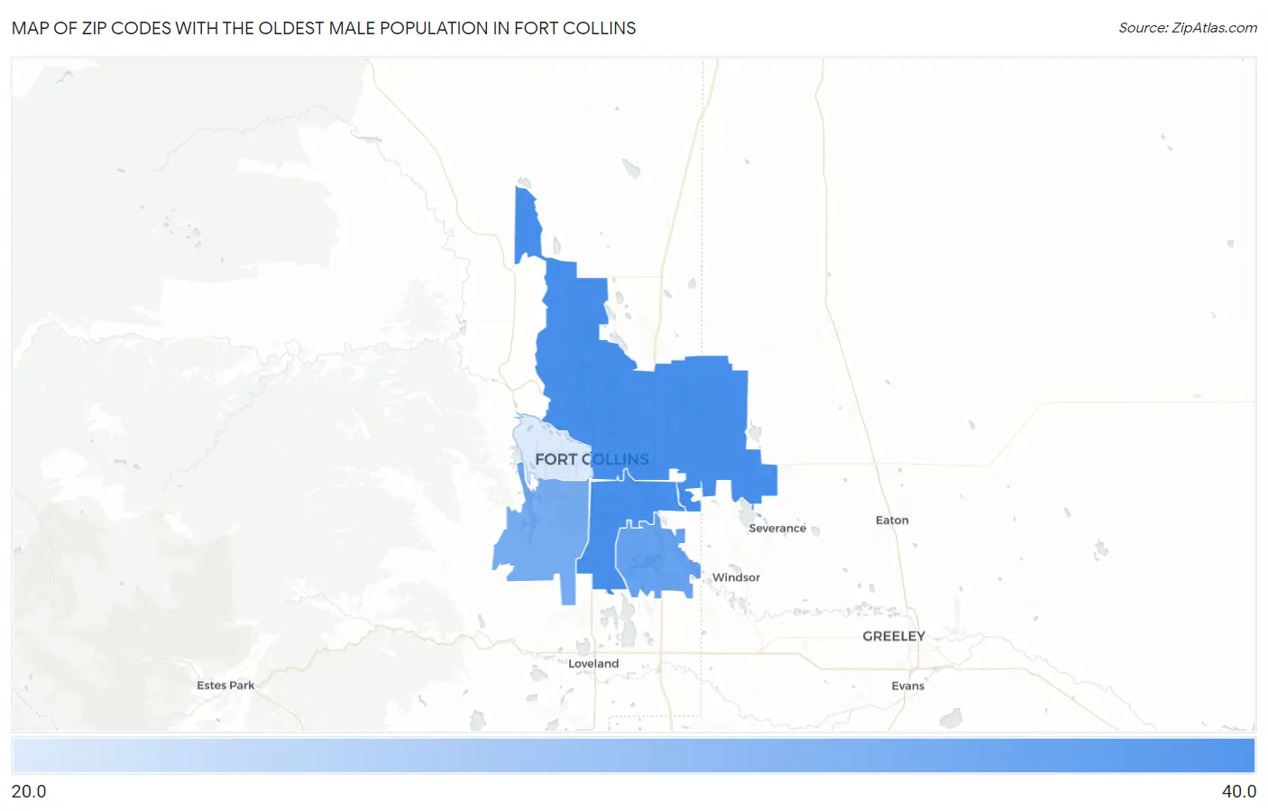 Zip Codes with the Oldest Male Population in Fort Collins Map