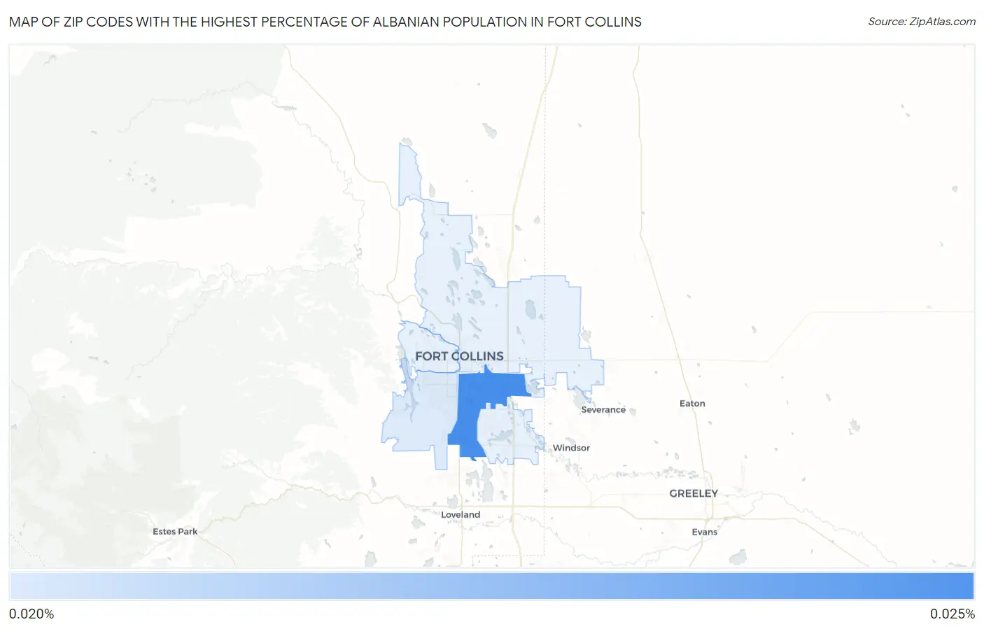 Zip Codes with the Highest Percentage of Albanian Population in Fort Collins Map