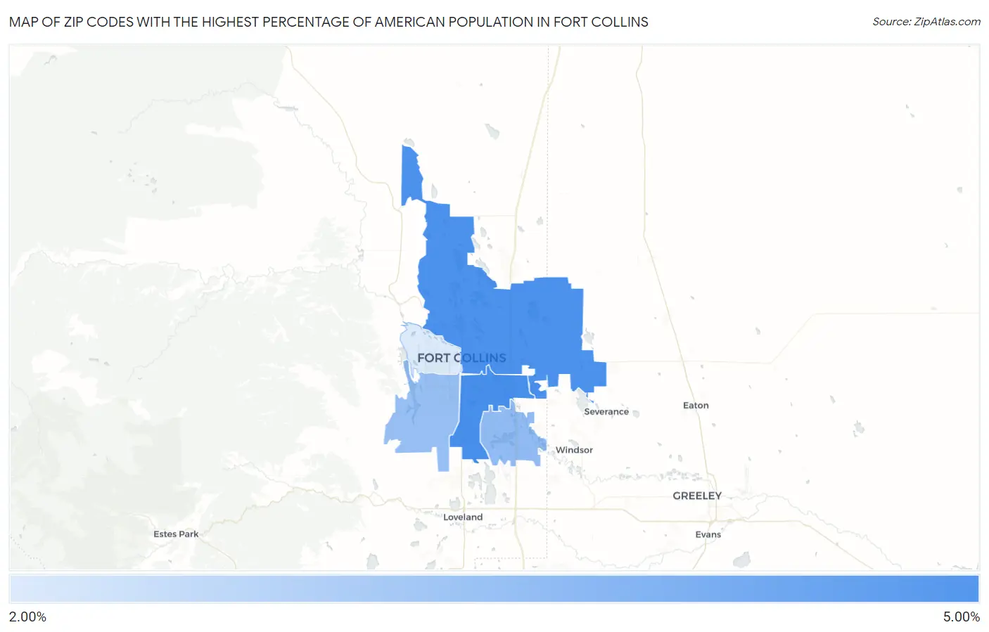 Zip Codes with the Highest Percentage of American Population in Fort Collins Map