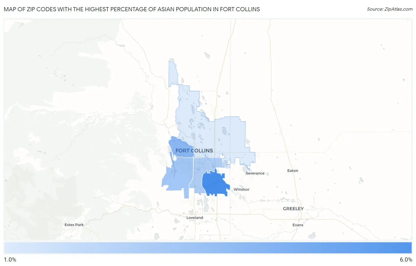 Zip Codes with the Highest Percentage of Asian Population in Fort Collins Map