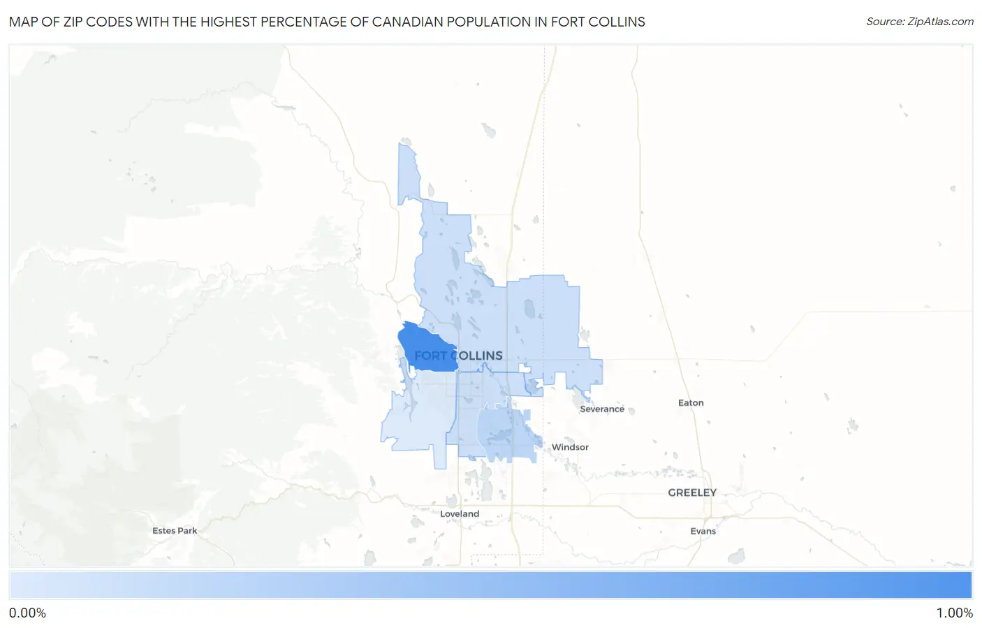 Zip Codes with the Highest Percentage of Canadian Population in Fort Collins Map