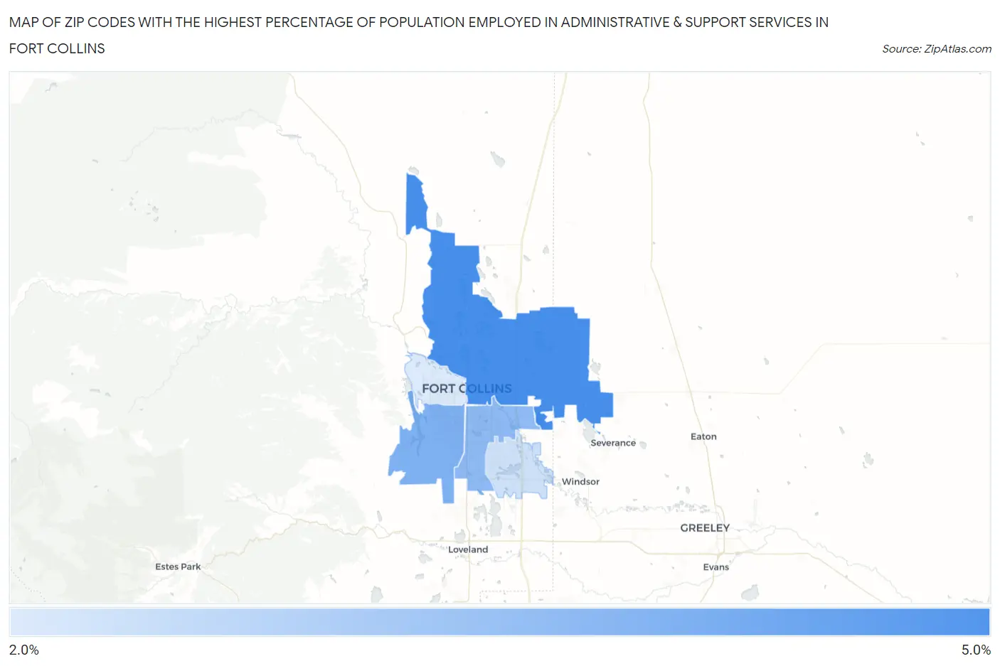 Zip Codes with the Highest Percentage of Population Employed in Administrative & Support Services in Fort Collins Map