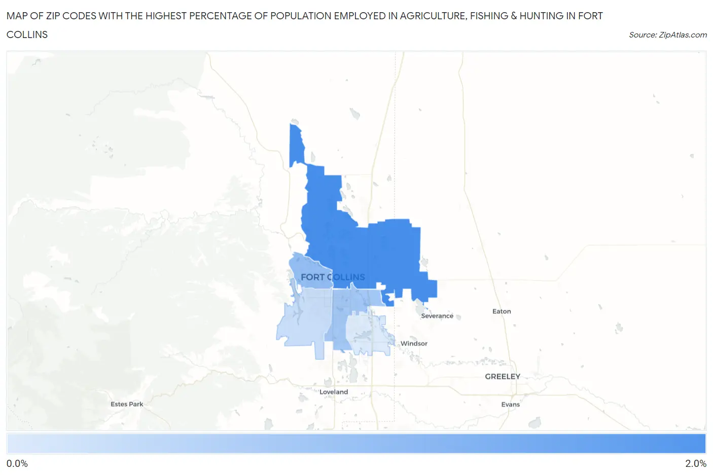 Zip Codes with the Highest Percentage of Population Employed in Agriculture, Fishing & Hunting in Fort Collins Map