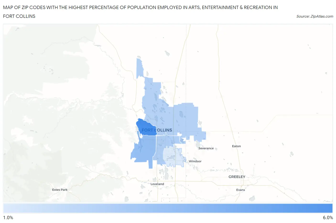 Zip Codes with the Highest Percentage of Population Employed in Arts, Entertainment & Recreation in Fort Collins Map