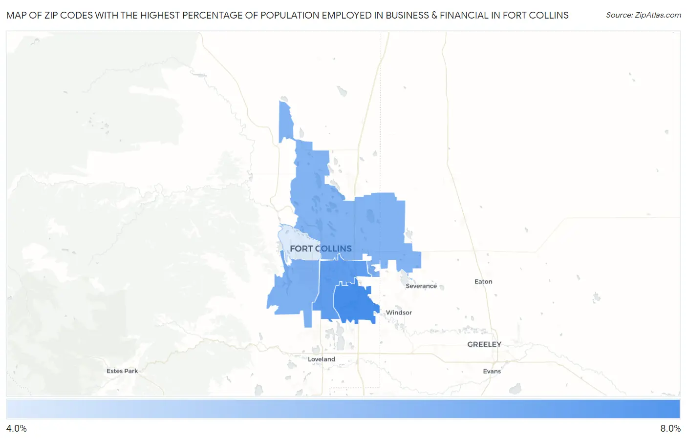 Zip Codes with the Highest Percentage of Population Employed in Business & Financial in Fort Collins Map